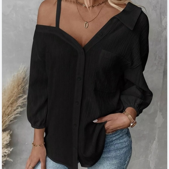 SHEIN Tops - Shein off shoulder Elegant Black Women's Asymmetrical Blouse
